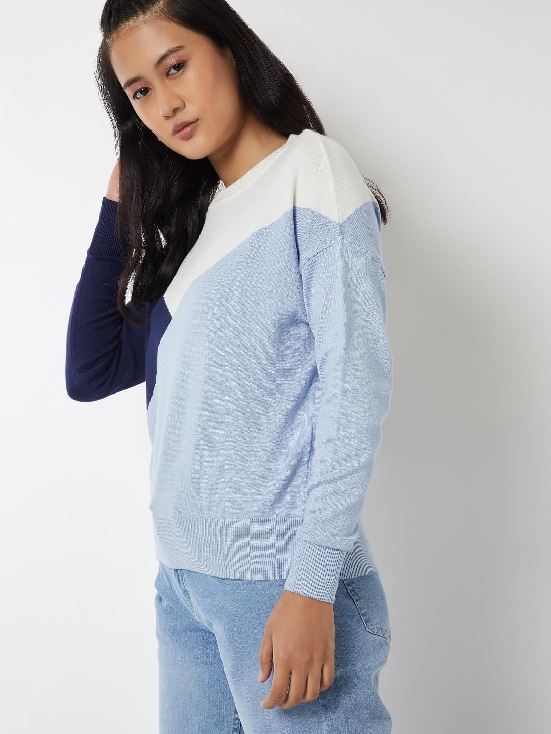 Max Women Colourblocked Sweater (Blue_S)