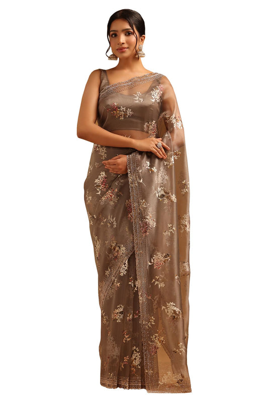 Soch Womens Grey Organza Floral Saree With Stone Work