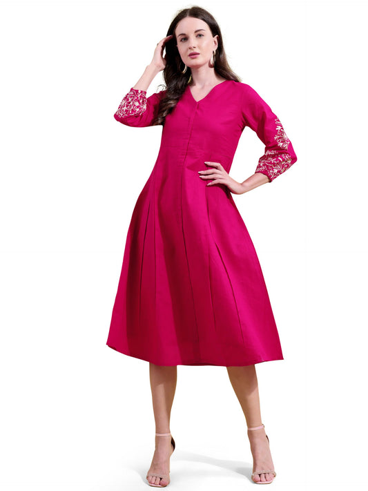 Womanista Linen Blend Women's Fuchsia Cotton Flex with Embroidered Sleeves Empire A-LINE Ethnic Dress Maxi (ETHNICDRESS_113_Pink_M)
