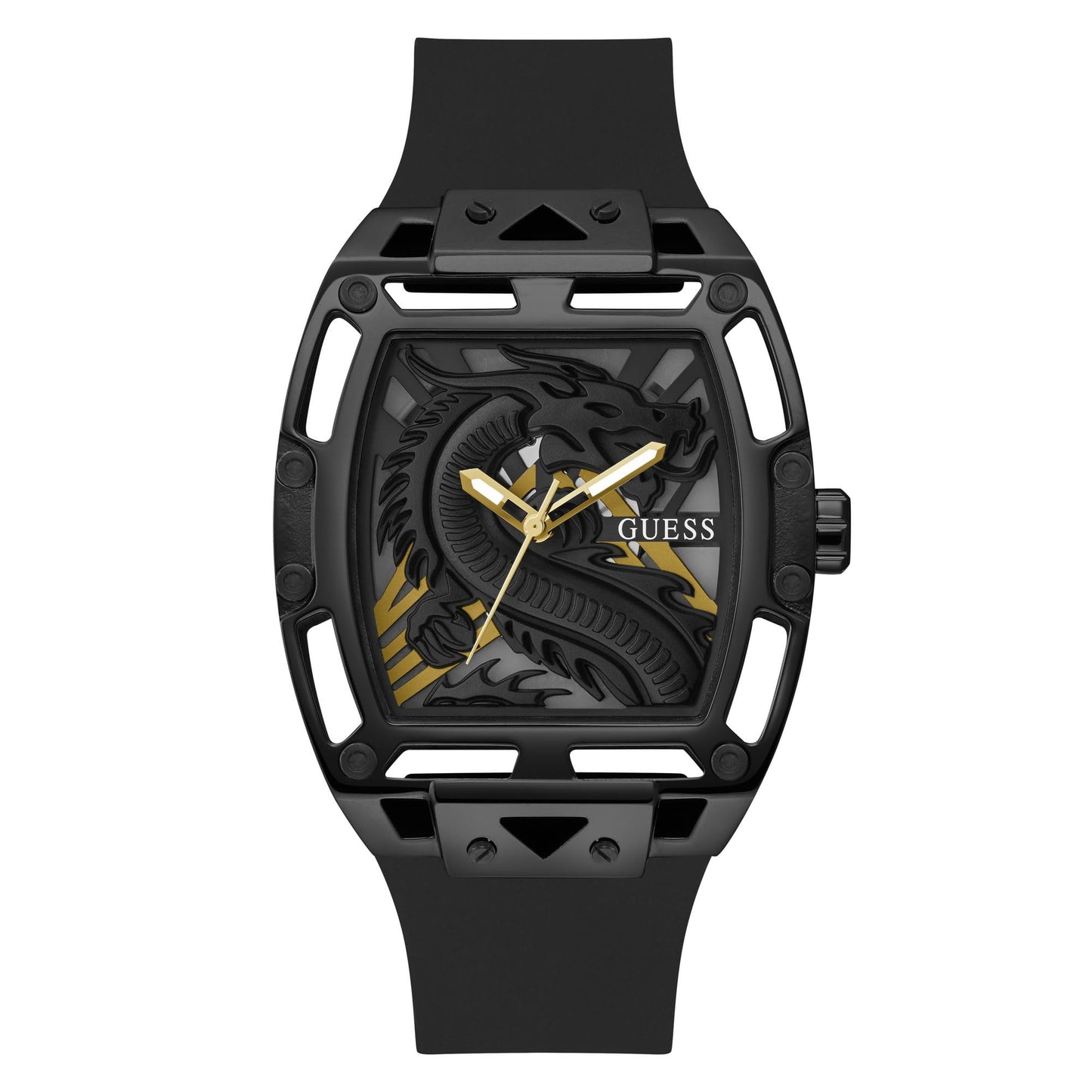 GUESS Silicone Men 44Mm Analog Watch - Black Strap Black Dial Black Case, Black/Black/Gold, Classic, Black Band