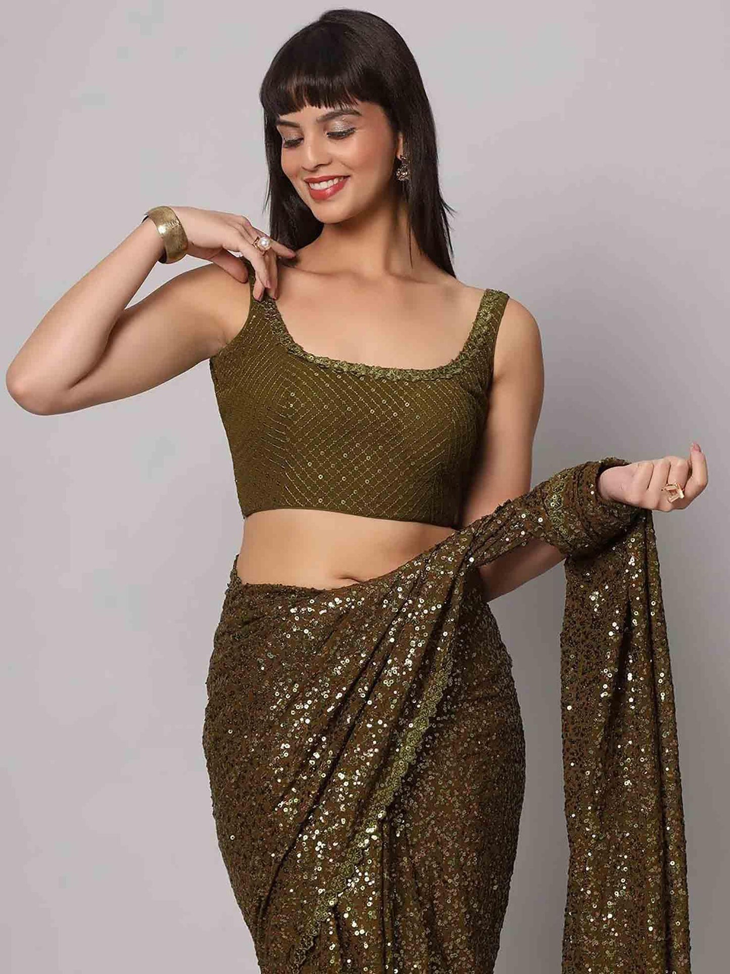 Zeel Clothing Women's Mehandi Green Sequins Work Heavy Georgette Saree with Blouse (1004-Olive-Green-Sequins-Party-Saree-New, Olive Green)