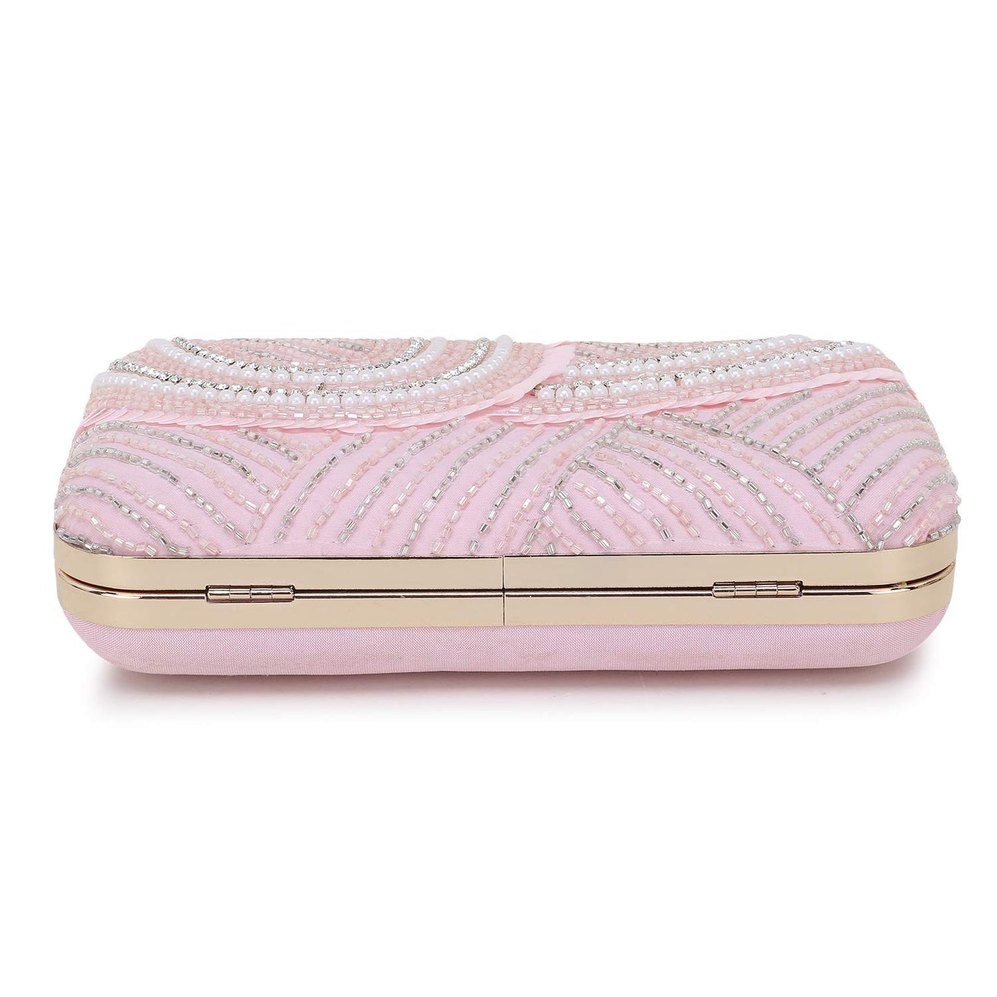 Anekaant Adorn Baby Pink & White Embellished Faux Silk Clutch