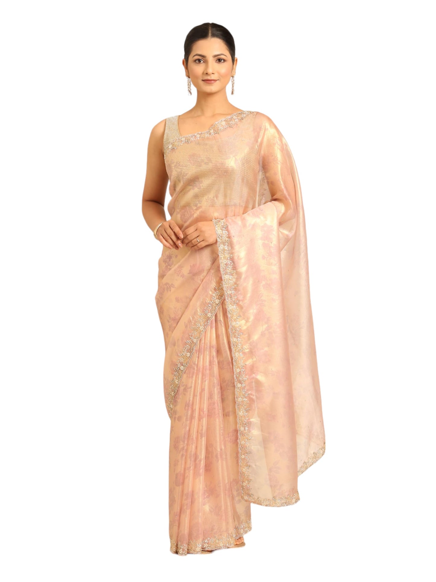 MOHEY Women's Pink Net Hand Embroidered|Stone Work Saree
