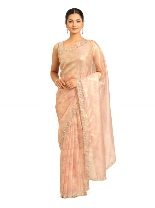 MOHEY Women's Pink Net Hand Embroidered|Stone Work Saree