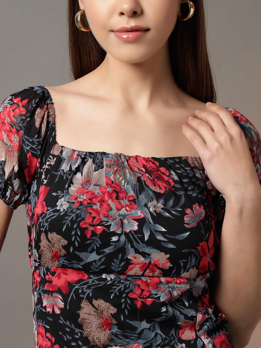 Trend Arrest.ed Floral Printed Maxi Dress for Women with Lining | Square Neck Puff Sleeve Slit Style | Casual Western Long Dress for Day