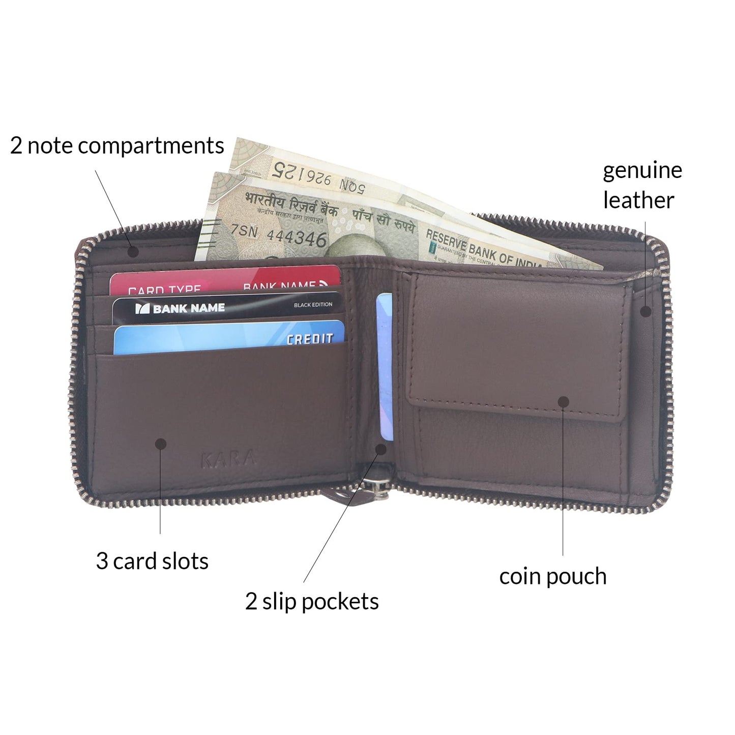 KARA Tan Zipper Men's Leather Wallet - Bifold Zipper Closing Wallet for Men with Coin Pocket and 3 Debit Card Holder Slot