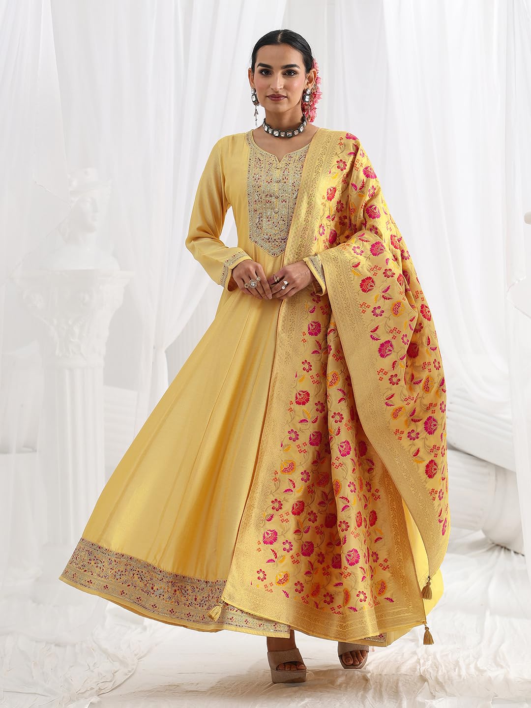 Libas Embroidered Silk Blend A-Line Ethnic Dress with Dupatta-93631XXL