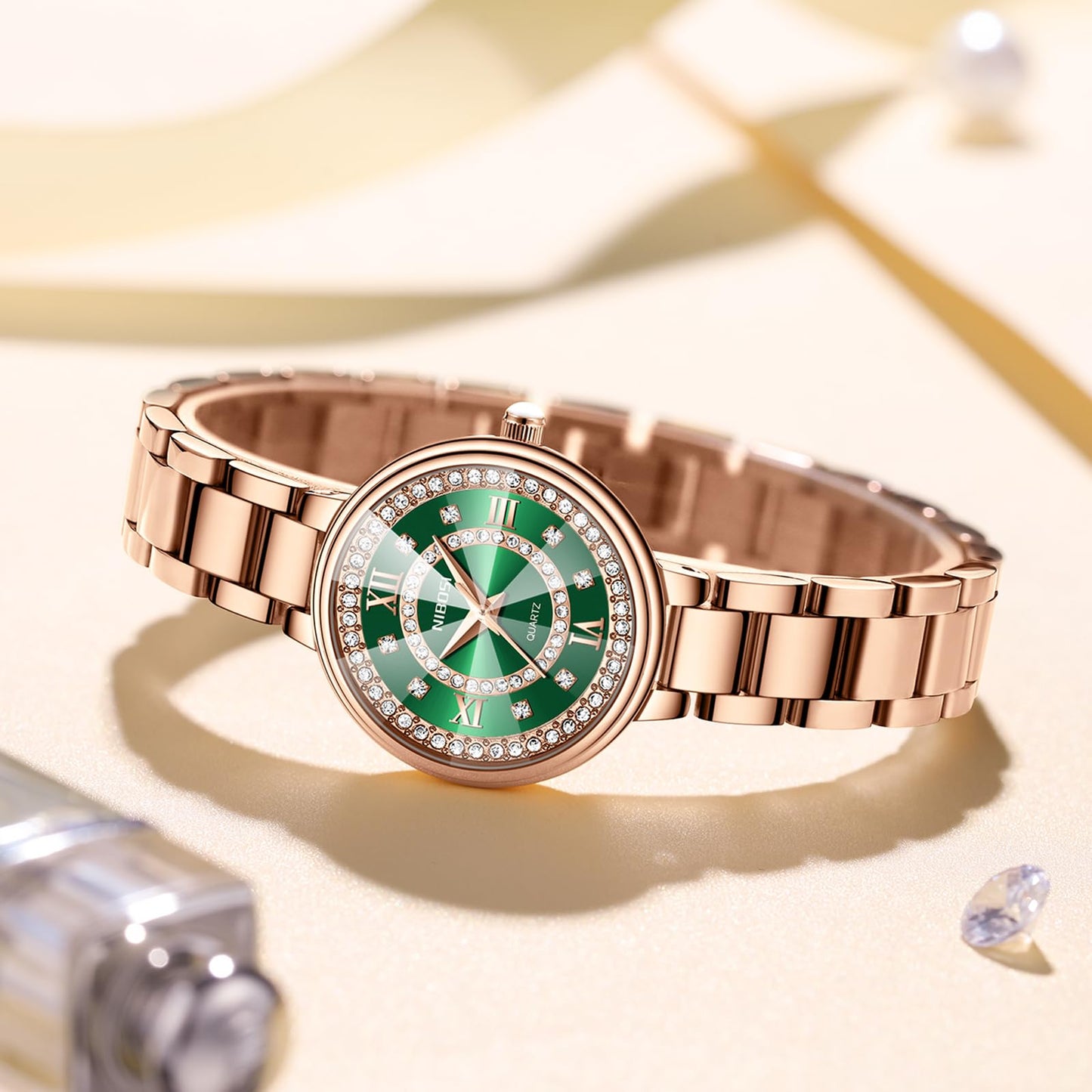 NIBOSI Women Watches Rose Gold Stainless Steel Analog Quartz Luxury Diamond Latest Watch for Ladies Luxury Stylish Waterproof (Rose Green)