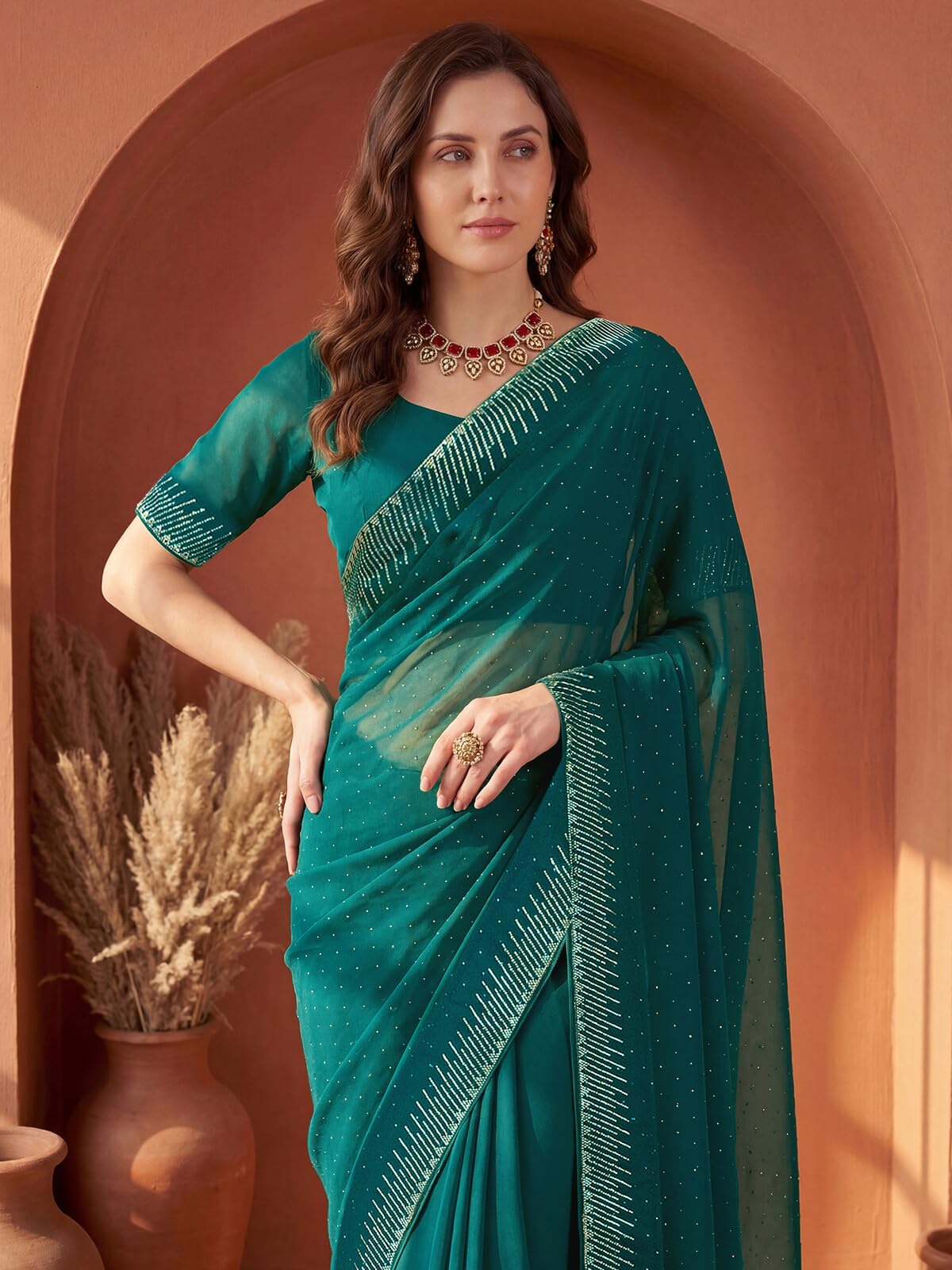SIRIL Women's Georgette Stone Work Saree with Unstitched Blouse Piece (4998S963A_Teal Blue)