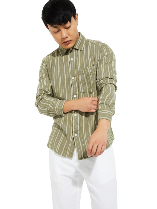 Max Men Striped Regular Fit Shirt (Green_M)