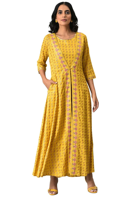 W for Woman Women's Yellow Glitter Printed Mock Layered Embellished Kimono Maxi Jumpsuit_22Auw18353-119801_3XL