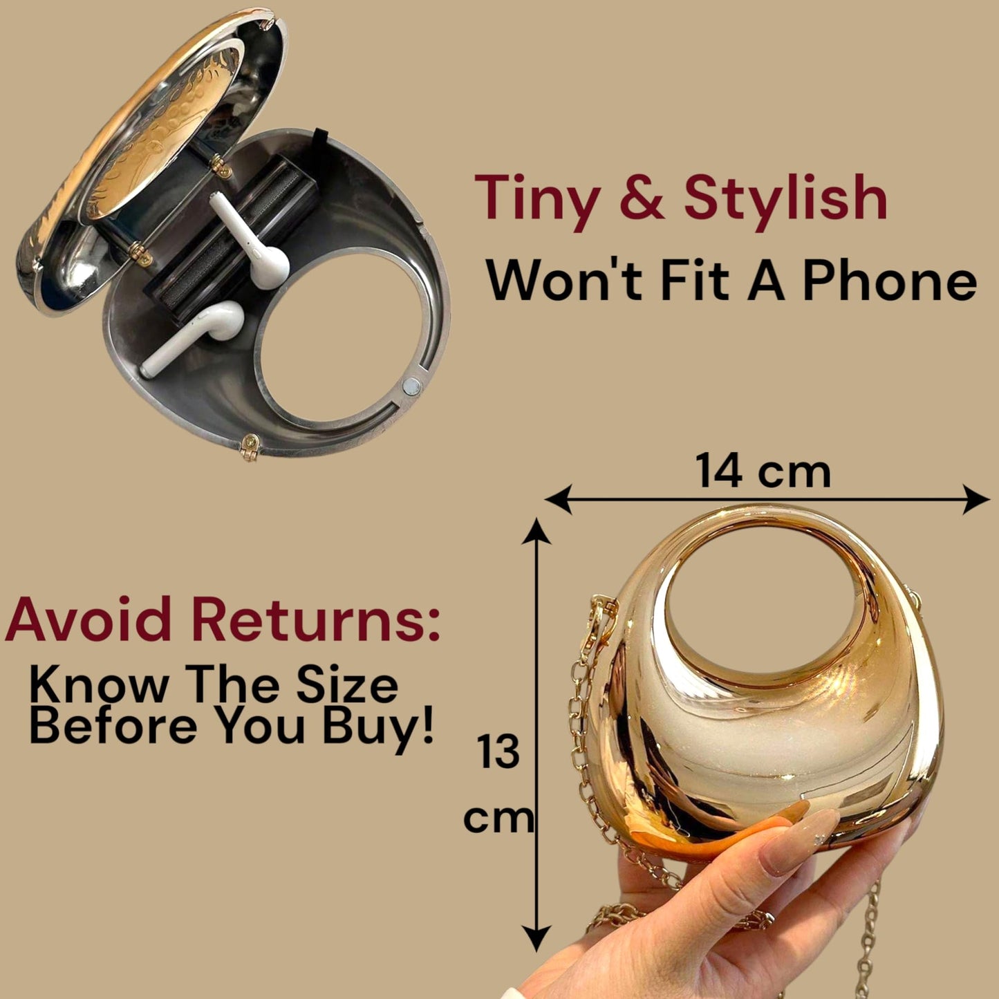 MOON -shaped Acrylic Women's Crossbody Sling Bag – Gold-tone Pleated Metallic Mini Clutch Purse, Fashion Versatile Shoulder Evening Handbag , Ladies Lipstick Case, Affordable Gift For Girls (GOLDEN)