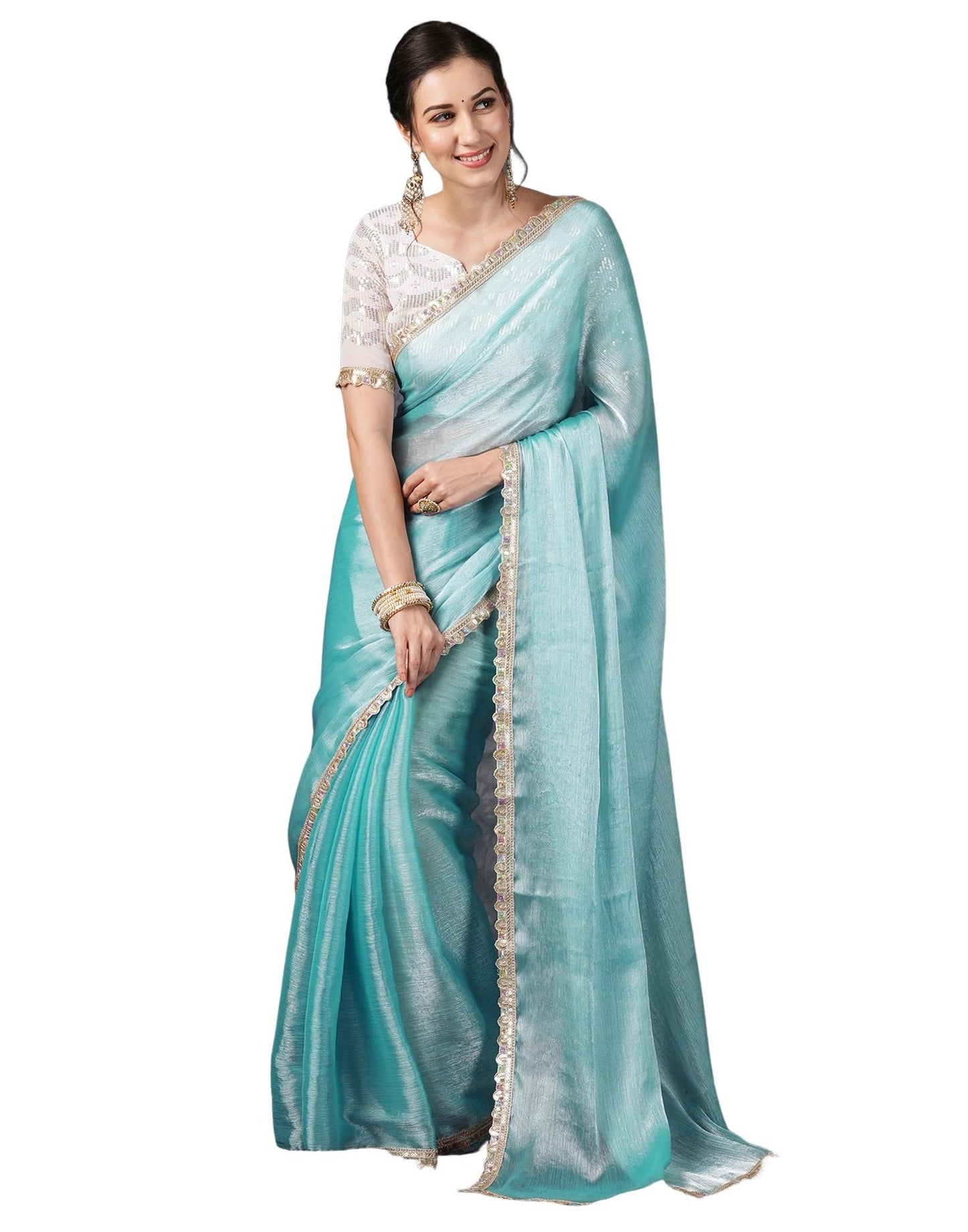 SIRIL Women's Chiffon Temple Border Saree With Unstitched Blouse (3799S281_Blue)