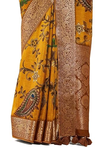 Soch Womens Mustard Crepe Saree With Floral Kalamkari Print And Zari Borders