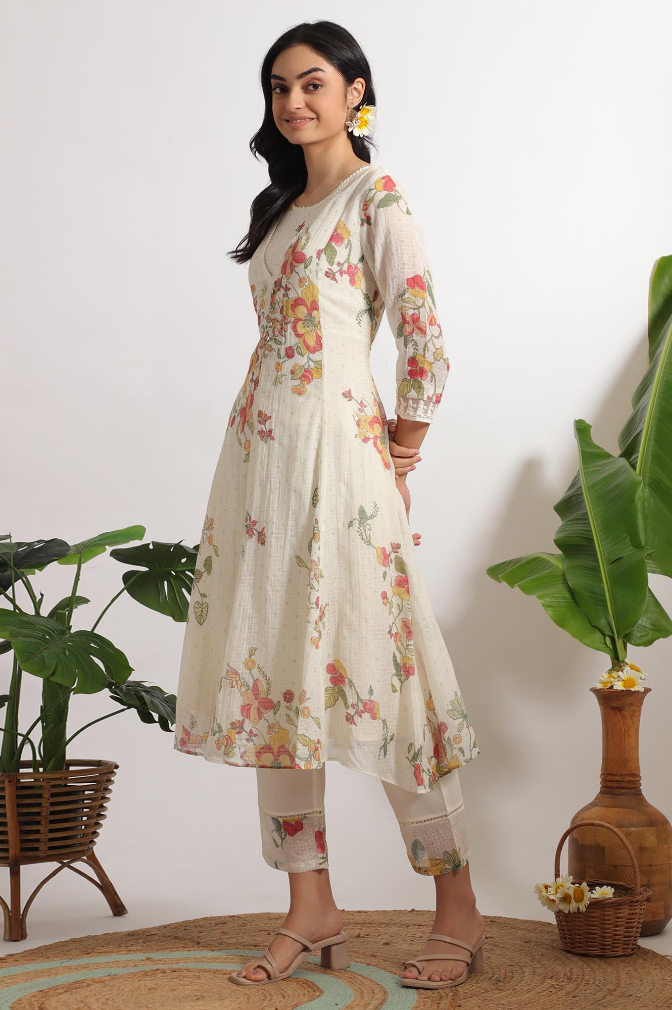 W for Woman White Floral Printed Mock Layered Kota Flared Kurta and Pants Set with Dupatta (Size: XS)-WS11600-124279