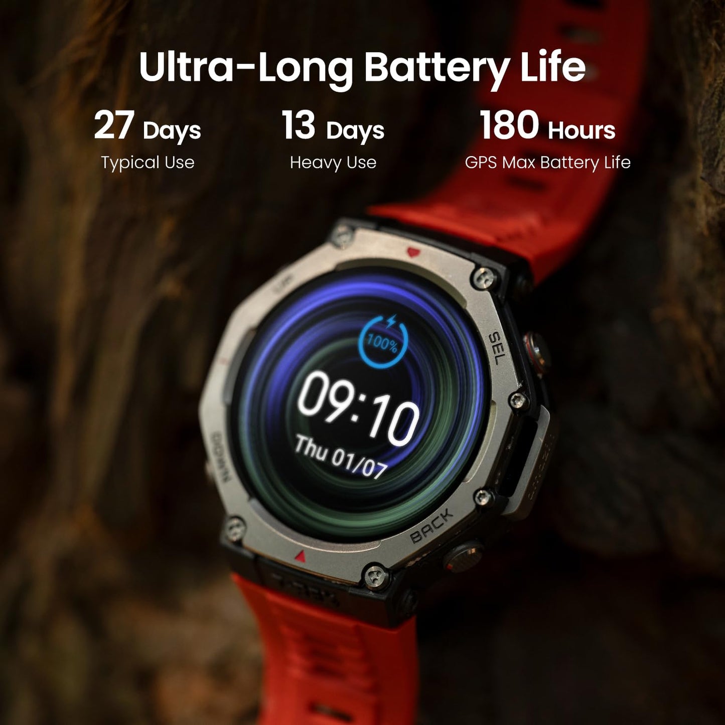 Amazfit T-Rex 3 Outdoor Rugged Military 48mm Smart Watch, Built in GPS, 27 Days Battery Life, Offline Maps, 2000 Nits Brightness, 10 ATM Water Resistance, AI Coach, for iOS & Android (Lava)