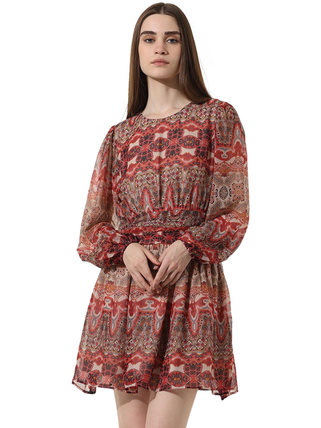 ONLY Women Printed Polyester Above Knee Brown A-line Dress
