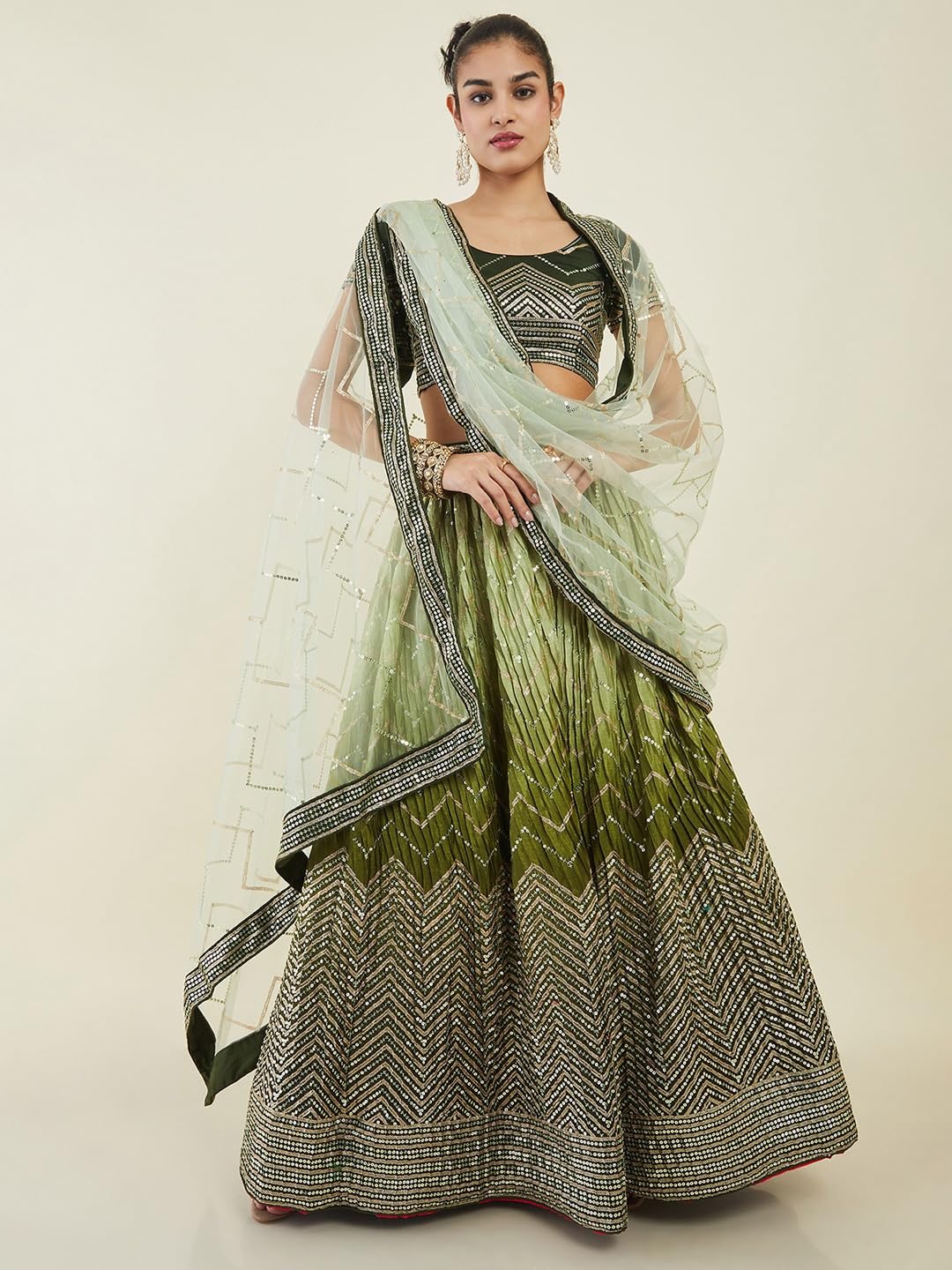 Zeel Clothing Women's Zari & Sequins Embroidered Art Silk Semi-stitched New Lehenga Choli Set With Dupatta (5057-Green-Wedding-Bridal-Latest-Stylish; Free Size)