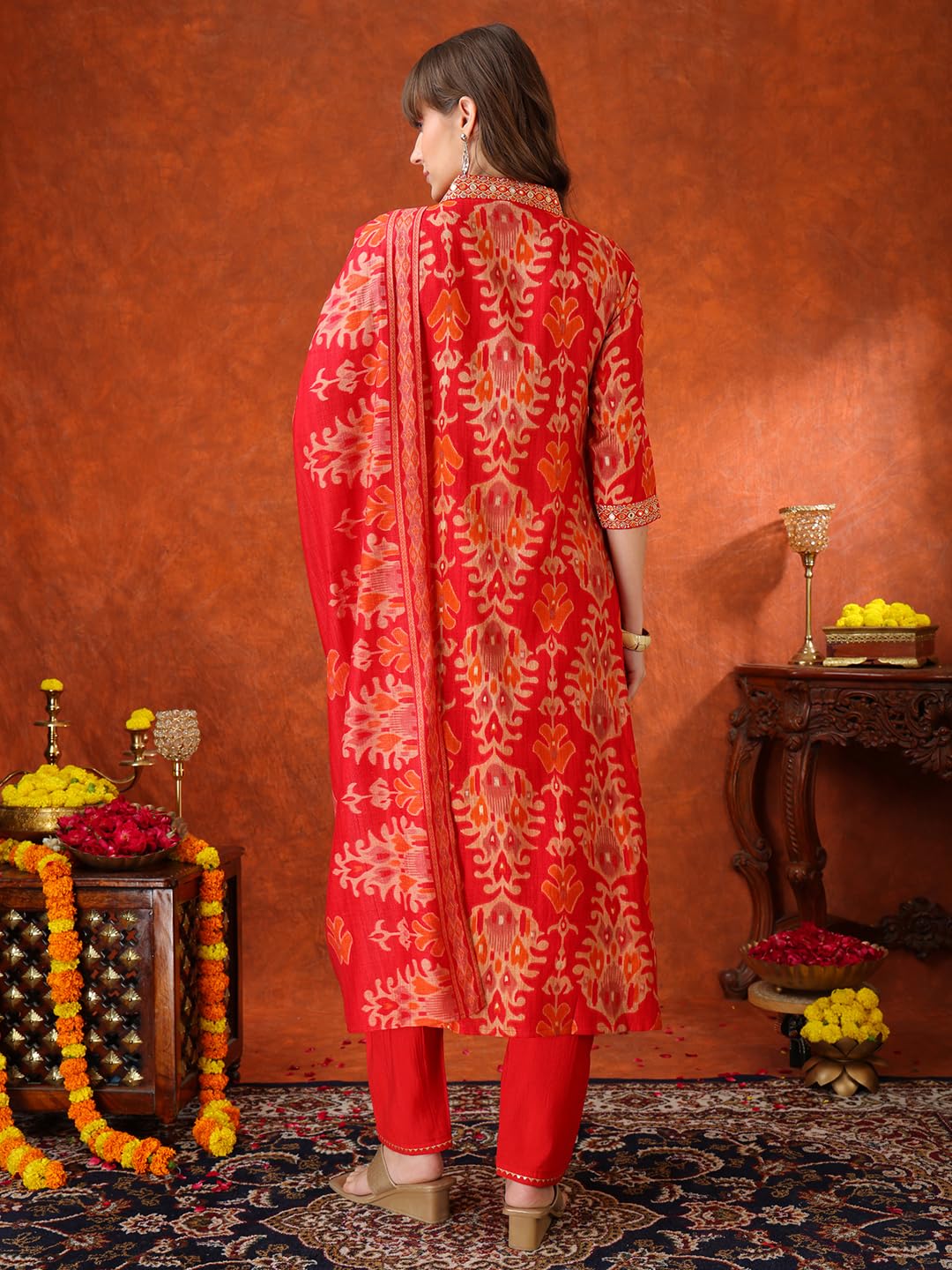NIVANA Embroidered & Printed Kurta with Pant & coordinated Dupatta|Red|L