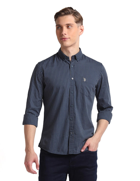 U.S. POLO ASSN. Men's Cotton Striped Slim Fit Shirt (UDSHT0922_Navy, 42