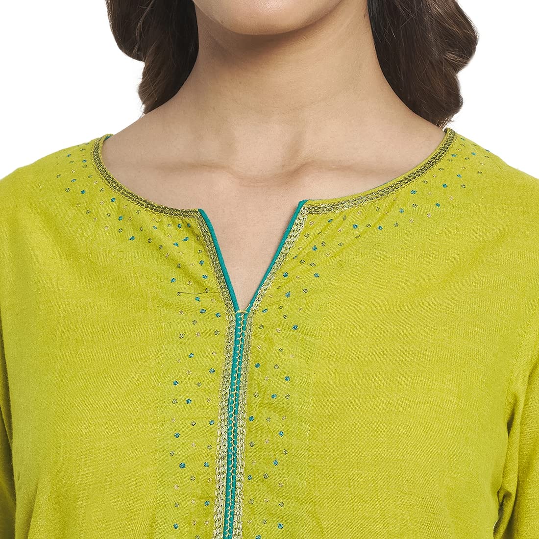 Fabindia Women Cotton Embroidered Long Kurta Green_XS