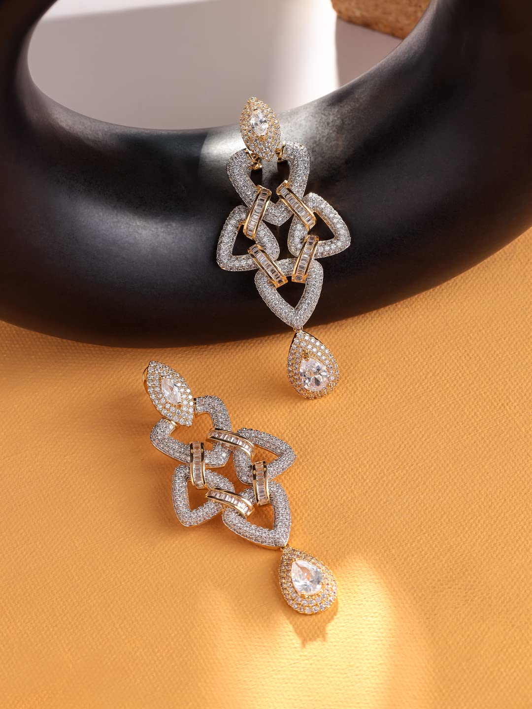 Shaze Gold Rhodium-Plated Cubic Zirconia Bending Trinagle Drop Earrings for Women