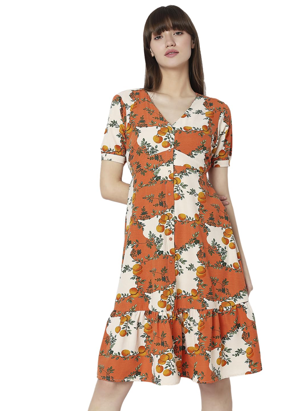 Vero Moda Women's Polyester Sheath Knee-Length Dress (10299470-Coral Gold_Coral M)