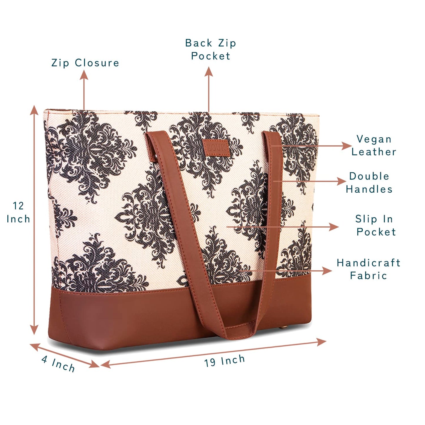 ZOUK Women's Handcrafted Cream and Black Mughal Motif Tote Bag and Handbag for Office and College