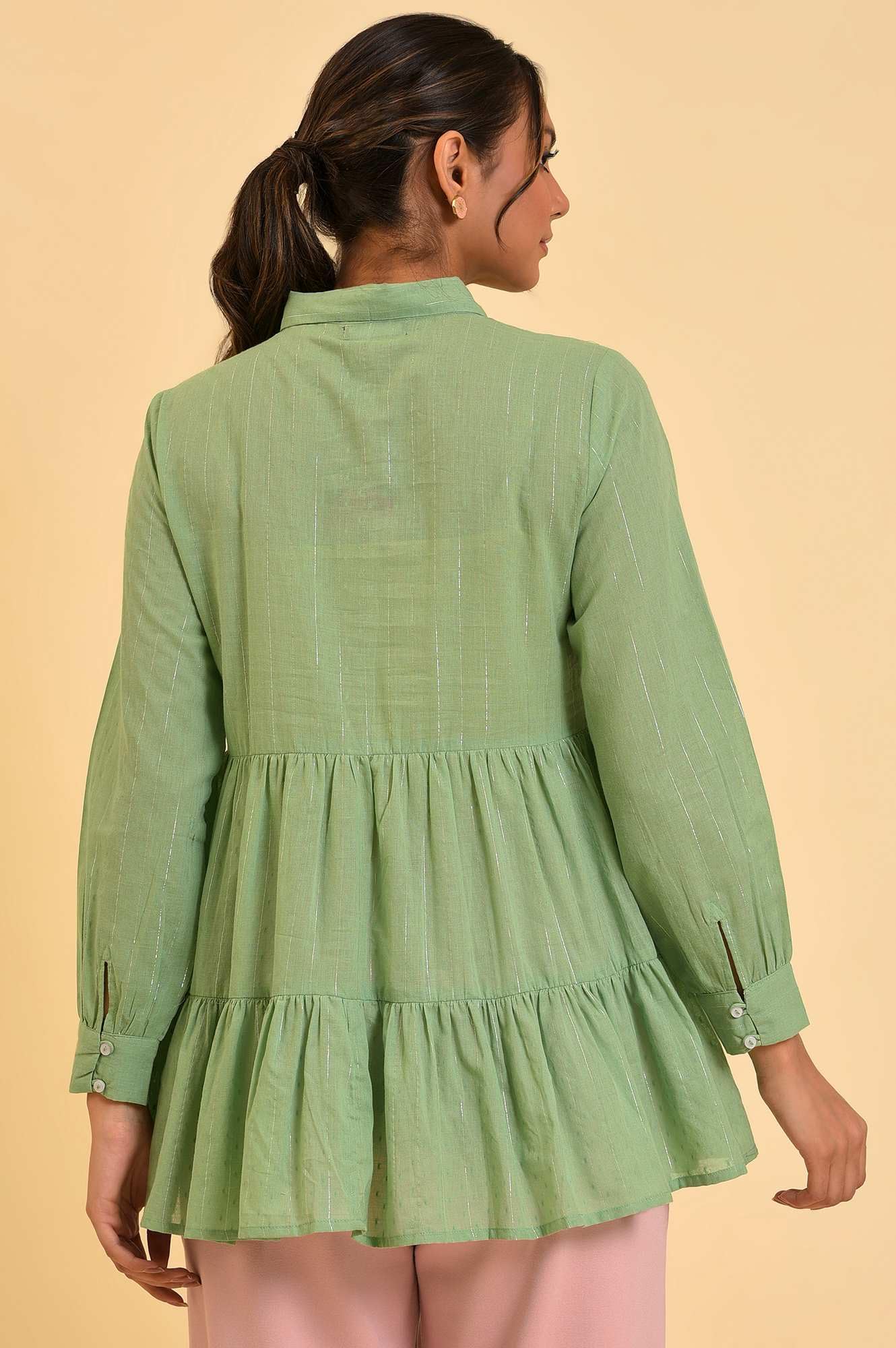 W for Woman Green Lurex Stripes Embroidered Tiered Top (Size: M)-23FEW31268-830263