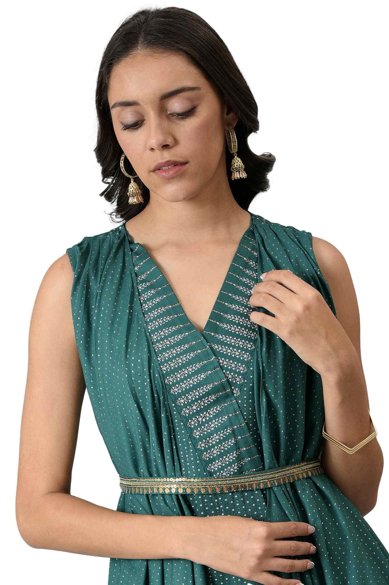 W for Woman Green Gilet Kimono Jumpsuit with Embellished Belt_22AUW18053-119686_M