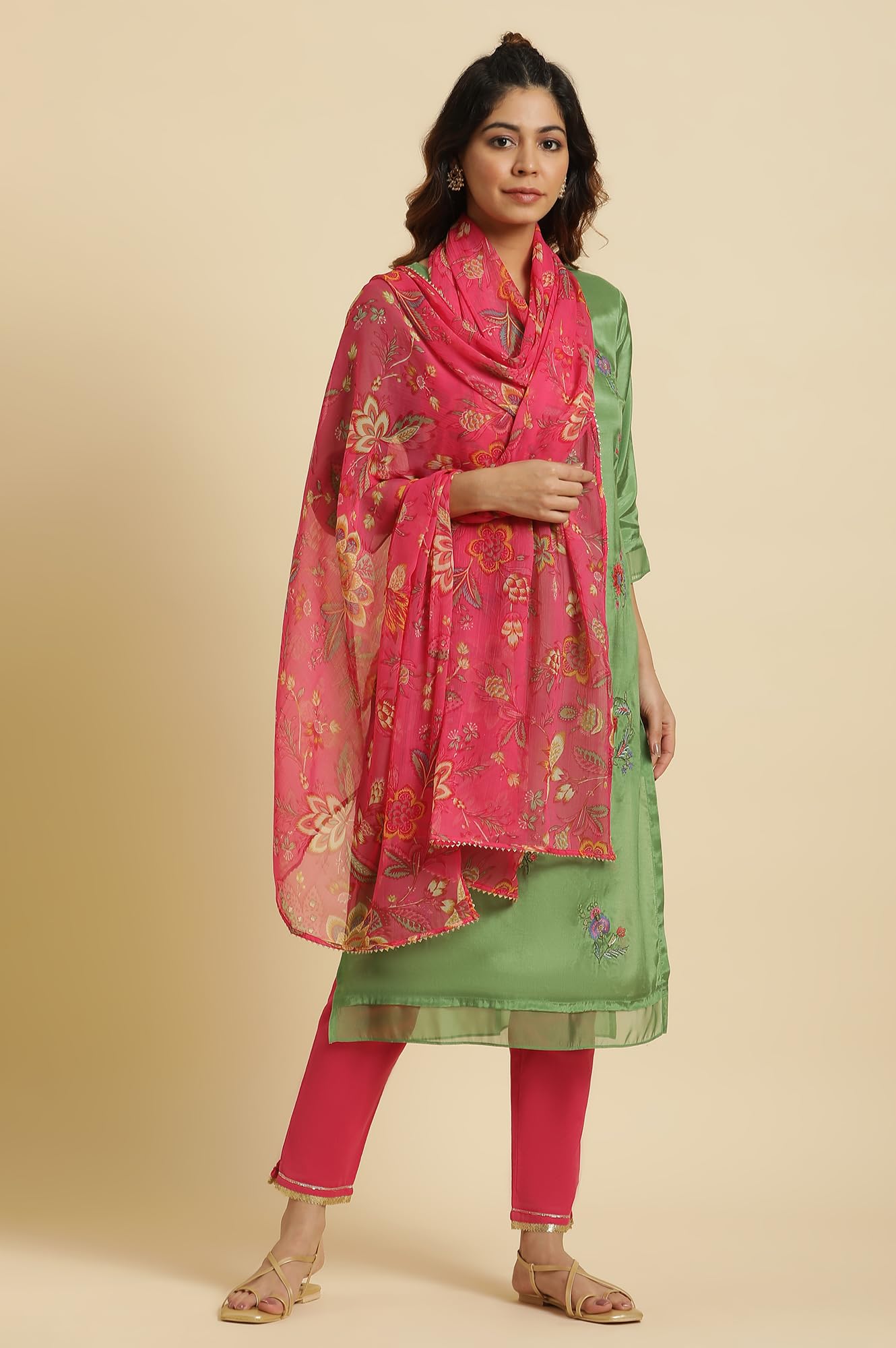 W for Woman Women's Polyester Pink Floral Printed Chiffon Dupatta (8905661211647_Free Size)_WFS