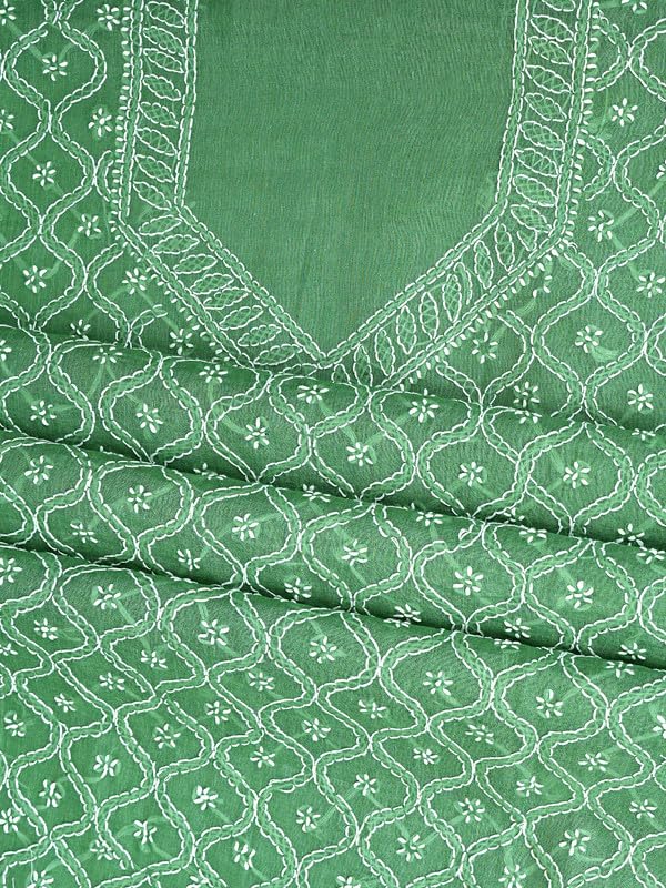 Ada Hand Embroidered Lucknowi Chikankari Unstitched Cotton Dress Material Suit Piece with Dupatta for Women 01A882364 Forest Green