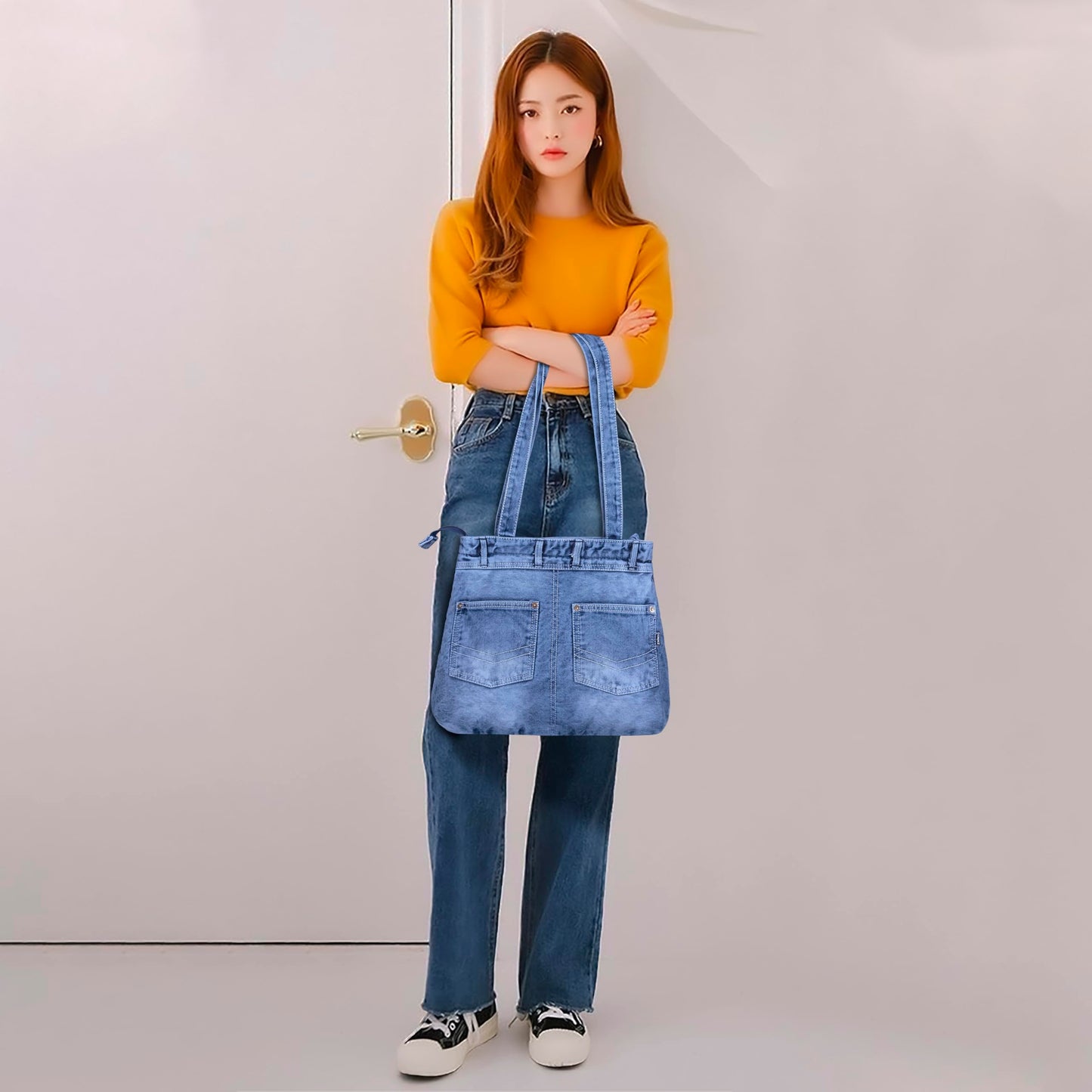 ZAINTO® Women's Denim Tote Bag with Zip Closure | Stylish, Spacious & Durable Shoulder Bag for College, Work & Travel | Eco-Friendly, (Jeans back packet style lightblue)