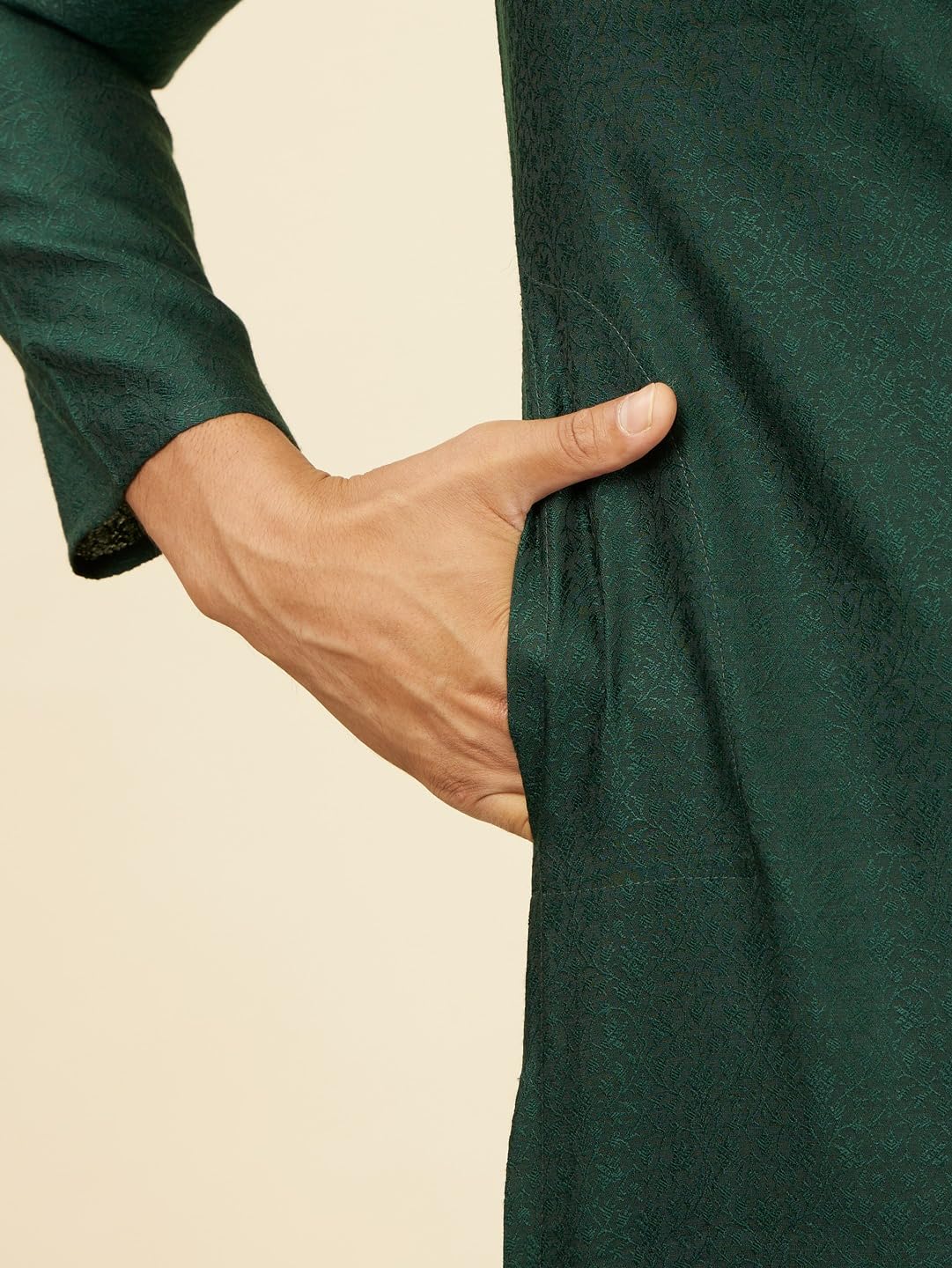 Manyavar Dark Green Blended Viscose Jacquard|Self Texture Kurta Pyjama Set for Men