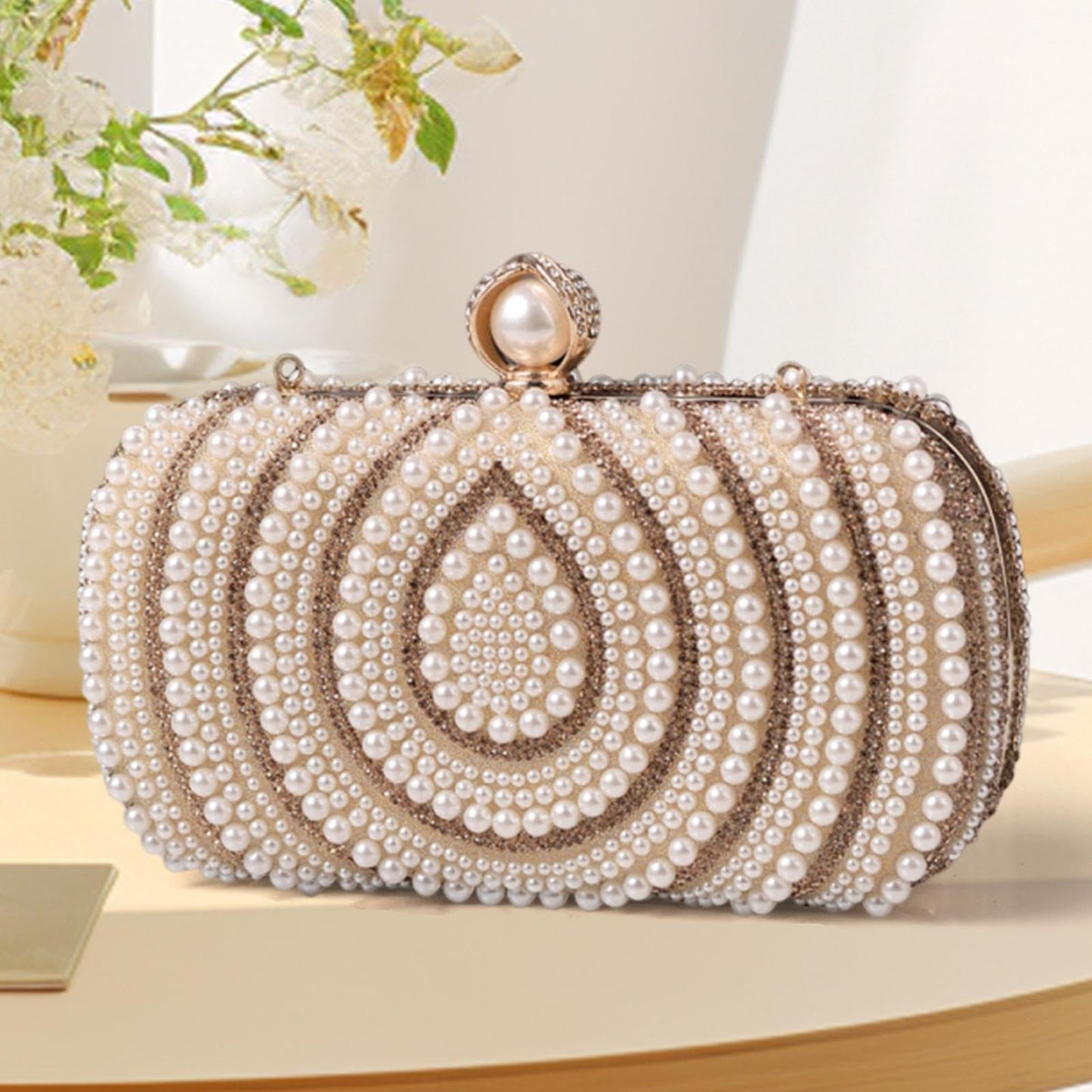 Enakshi® Evening Handbag Cocktail Lady Clutch Wallet Handbag with Chain Pearl Handbag beige|Clothing, Shoes & Accessories | Womens Handbags & Bags