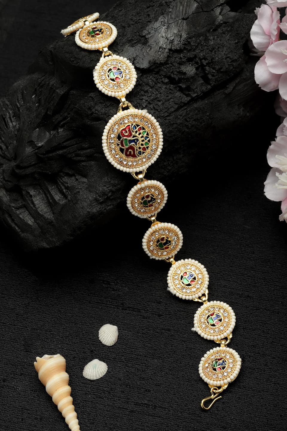 Sanjog Traditional Multi-Color Meena Work Rajputi sheeshphool Matha Patti Jewelry for Women & Girls (Peacock)