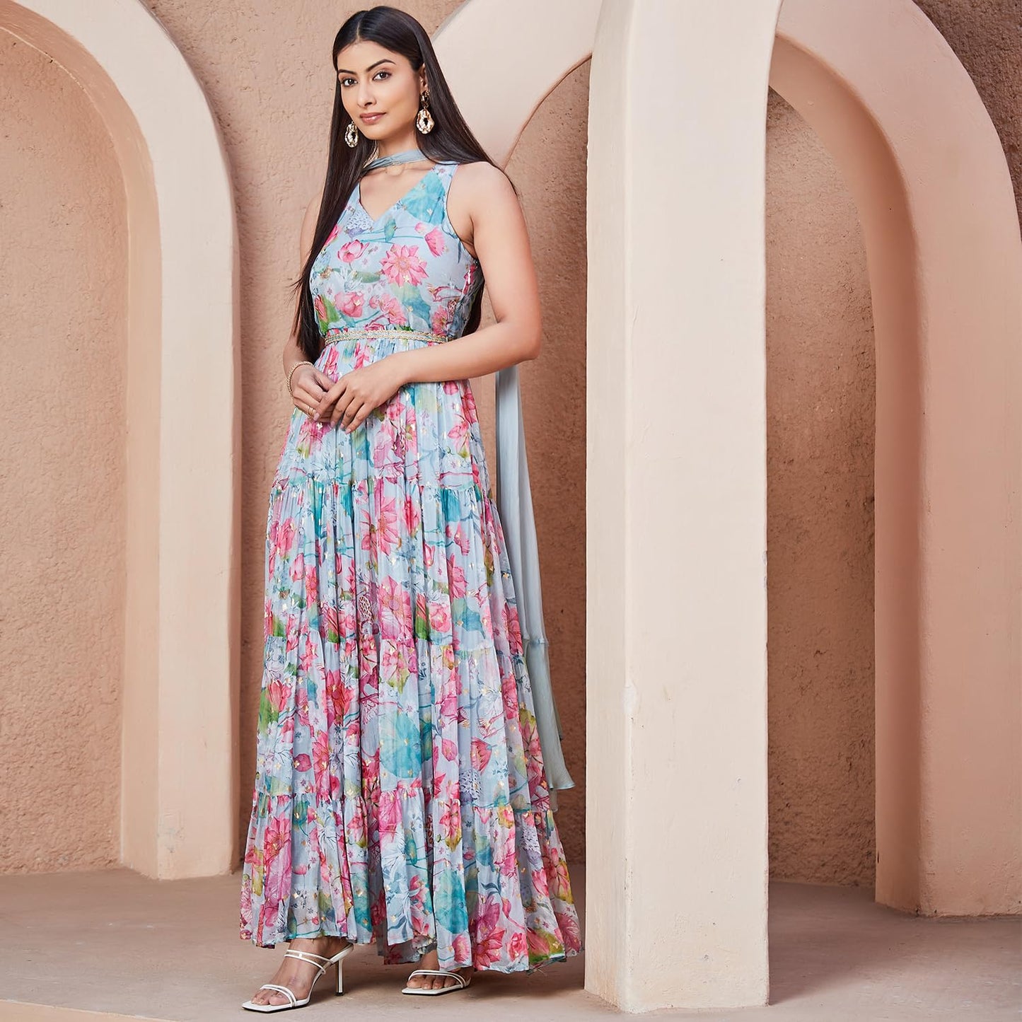 BIBA Women Cotton Anarkali Printed Dress(SKD9665_2XL_Grey)