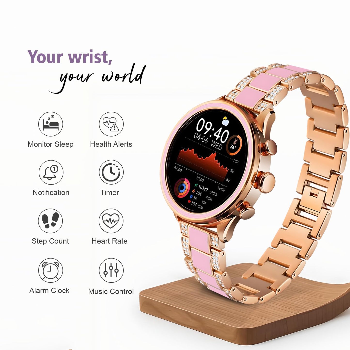 GameSir PF-11 Newly Launched Smartwatch with Metal Strap Health Monitoring, Activity Tracker, HD Display, Bluetooth Callling Watch, Luxury & Round Dial Smart Watch for Women & Girls-Rose Gold