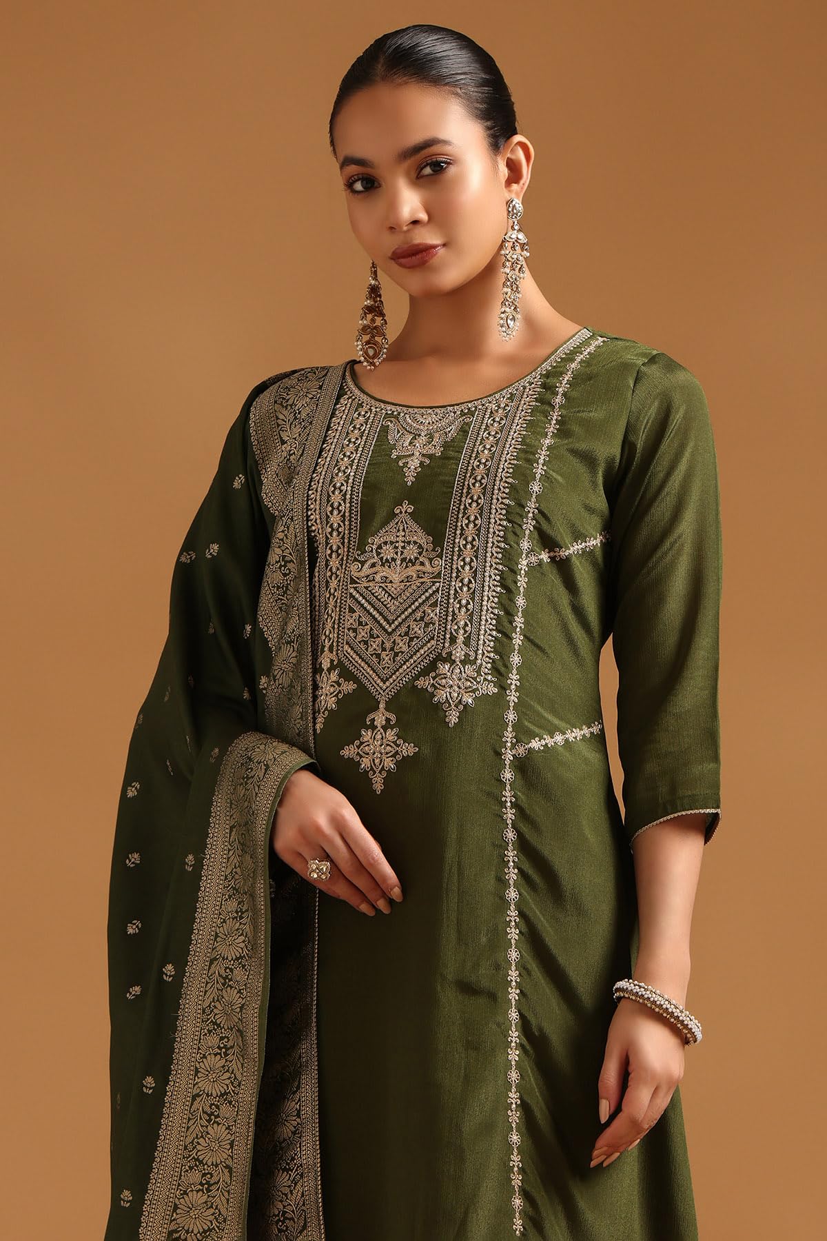 Soch Womens Green Viscose Blend Ethnic Motifs Salwar Suit With Zari