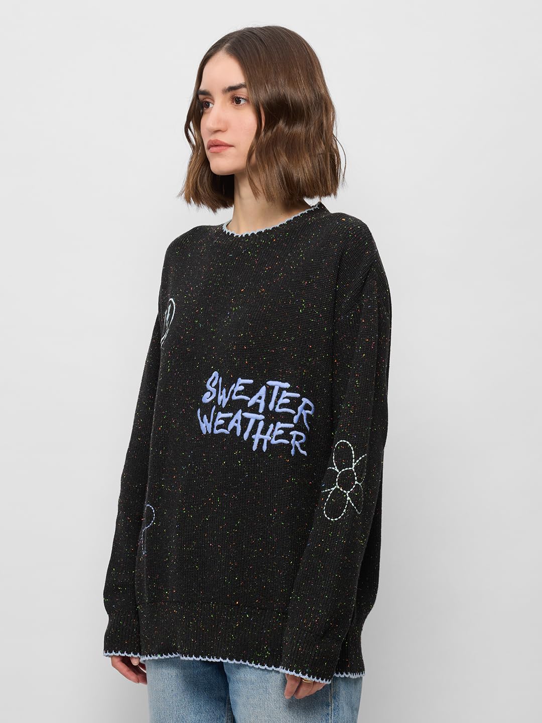 The Souled Store Sweater Weather Women and Girls Oversized Sweater Black