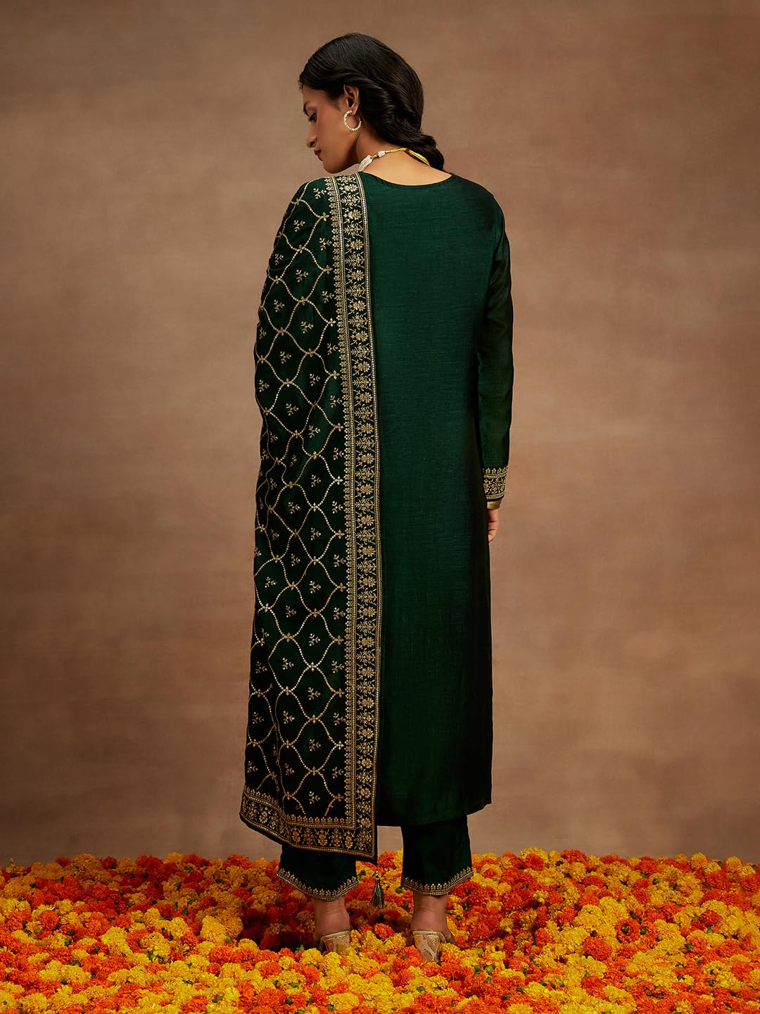 Libas Womens Embroidered Silk Blend Straight Kurta With Trousers and Dupatta
