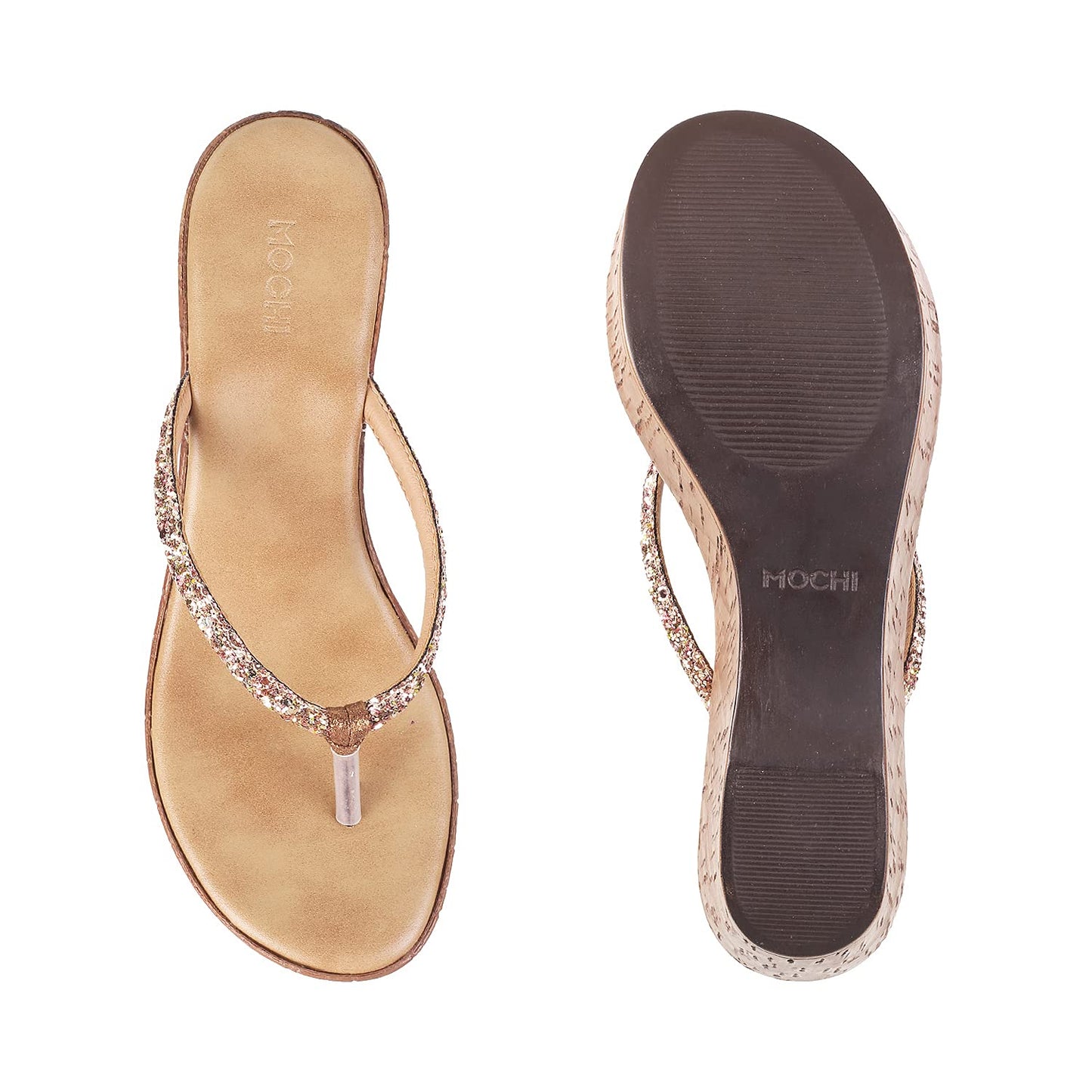 Mochi Women's Antique Gold Synthetic Slip Ons | Studded Design Wedge Heel Slip-On Shoes for Women | Light Weight Casual Fashion Footwear | Daily Wear Shoes | Size UK 7 | Premium Quality Slip Ons