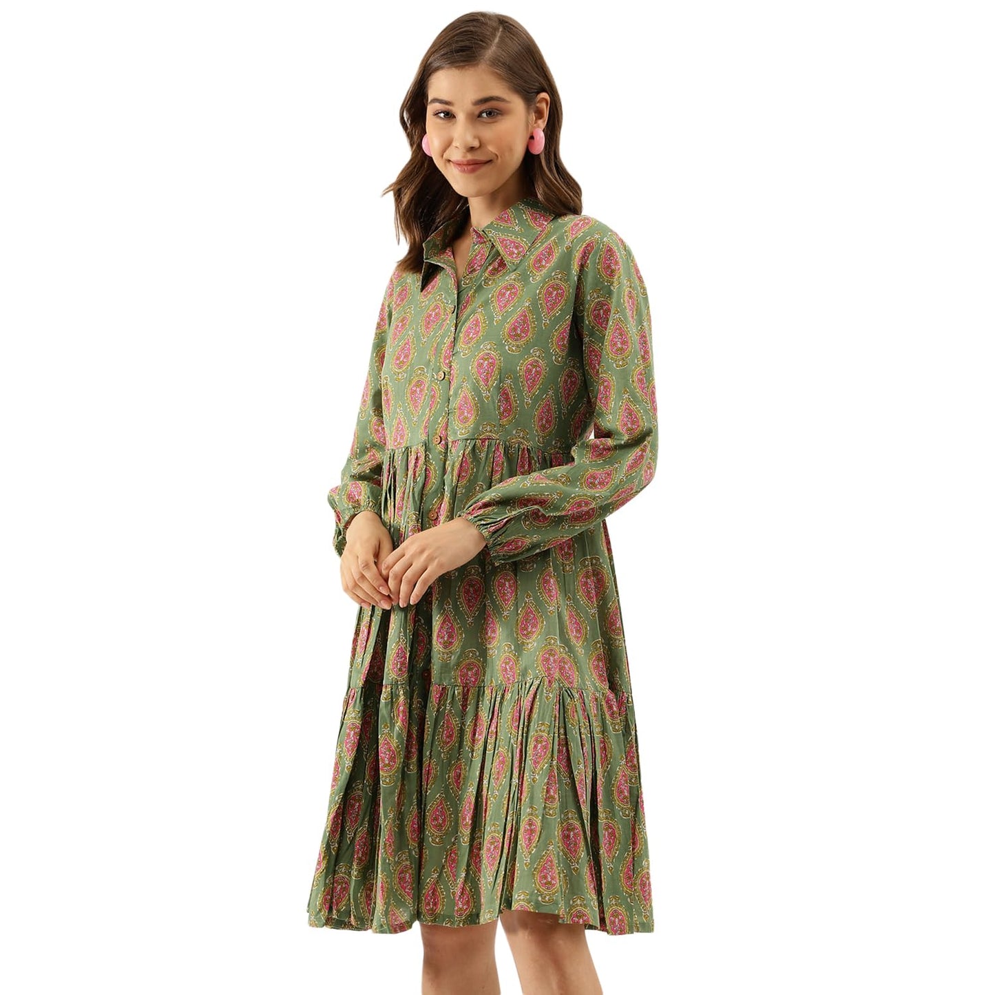 Divena Green Paisley Printed Cotton Dress for Women