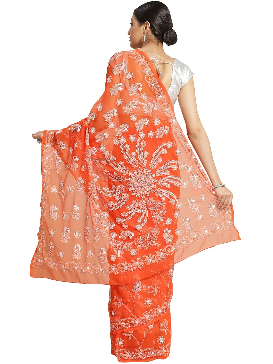 Ada Women's Hand Embroidered Lucknow Chikan Faux Georgette Saree with Unstitched Blouse A250039, Orange