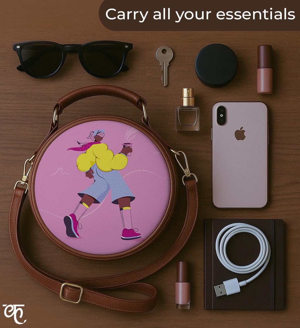 Kalankit Round Sling For Women | Girls Crossbody Bags | Side Bags With Adjustable Strap | Travel Box Sling Bags | A Coffee Day Out