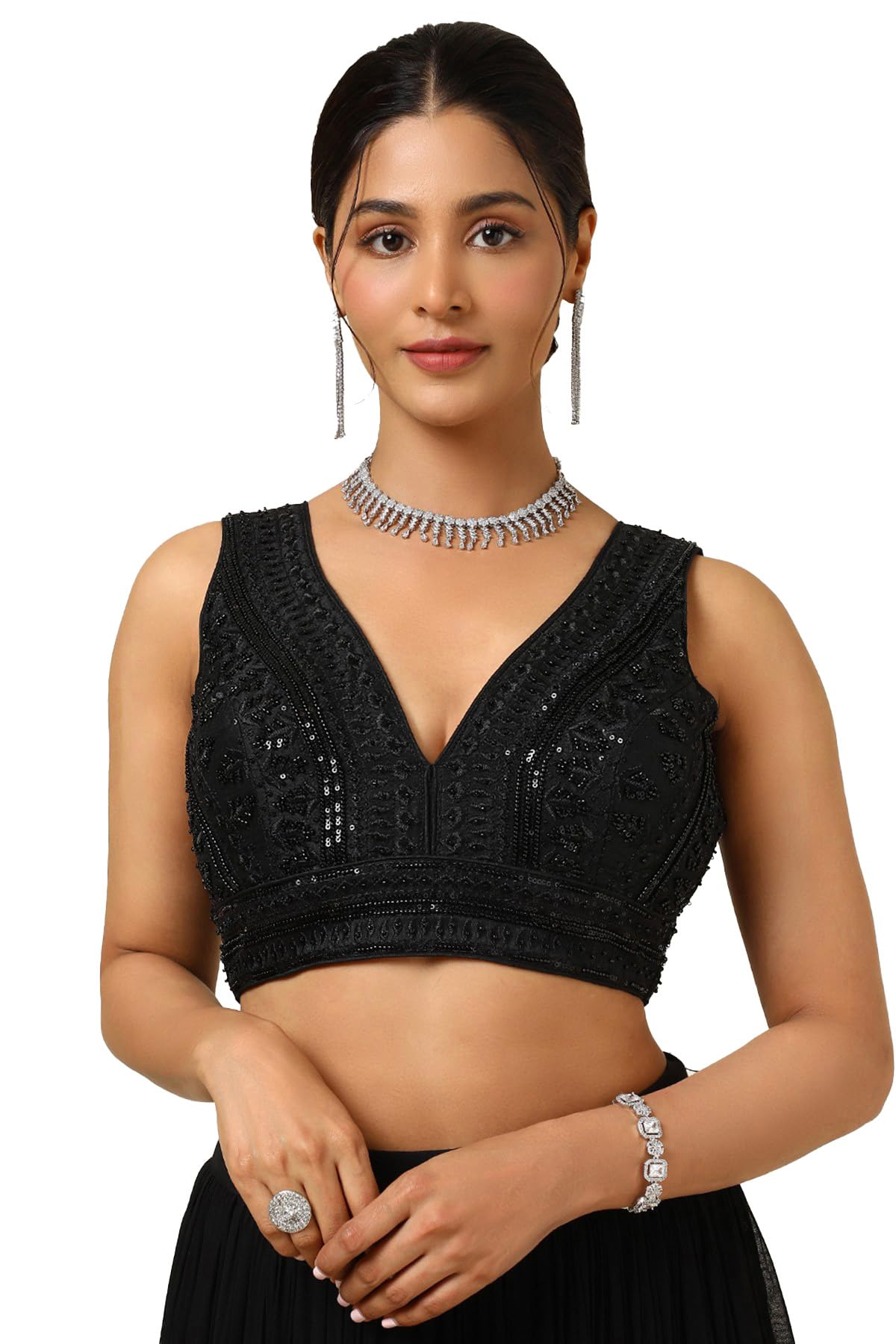 Soch Women's Tussar Embroidered Sleeveless Regular Fit Blouse (BLSLEML00622_Black 36)