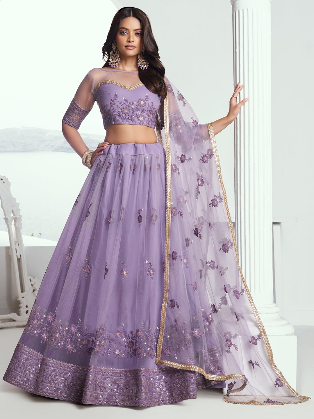 Zeel Clothing Women's Cotton Thread Sequins Work Embroidery Soft Net Readymade Lehenga Choli Set With Dupatta (Nfh-2202-Lavender-Women-Lehenga-Choli-Latest; Free Size)