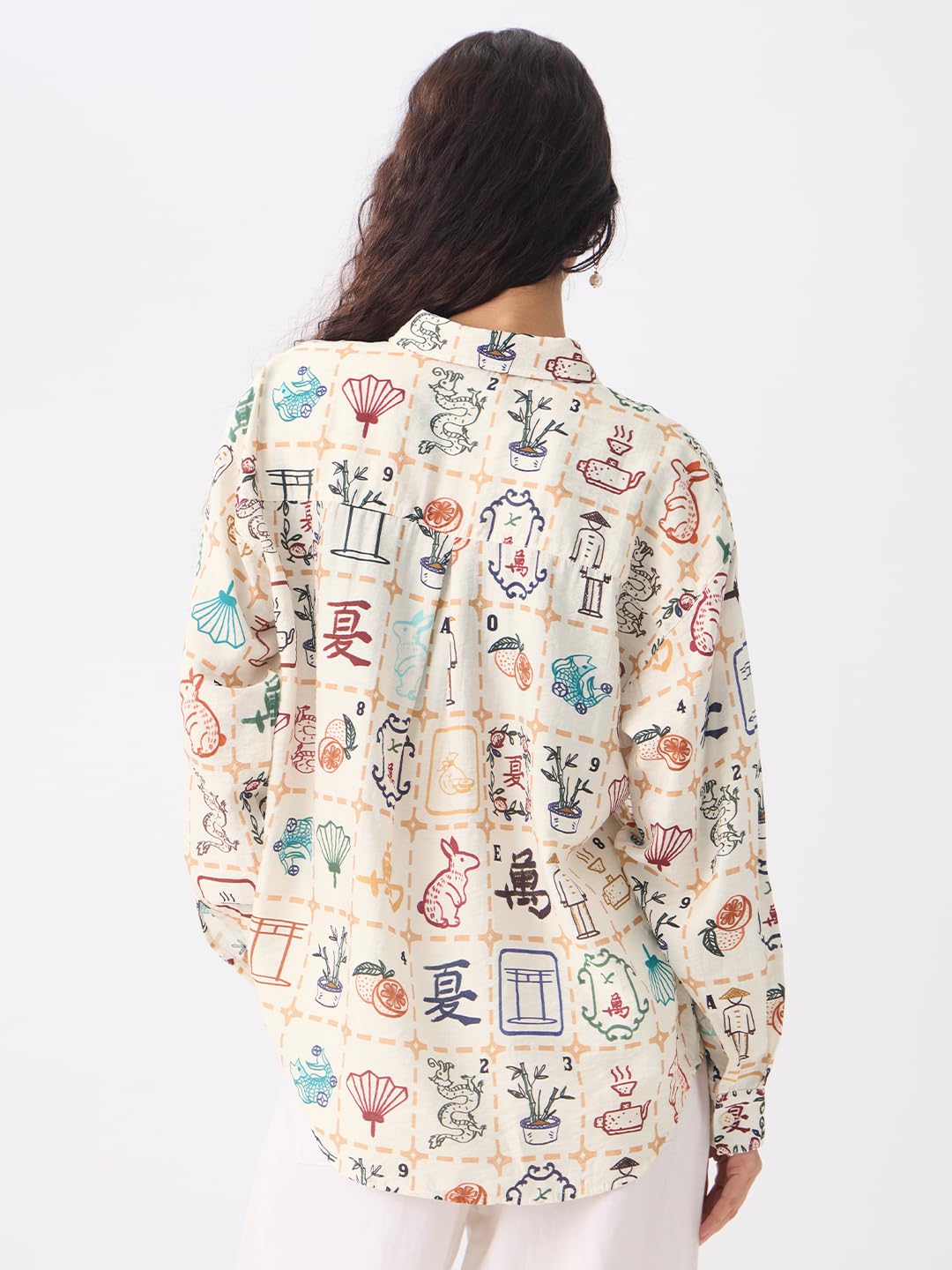 The Souled Store Textured Shirt: Mahjong Tiles Women and Girls Long Sleeves Collared Neck Button Front Beige All Over Printed Oversized Fit Cotton Boyfriend Shirts