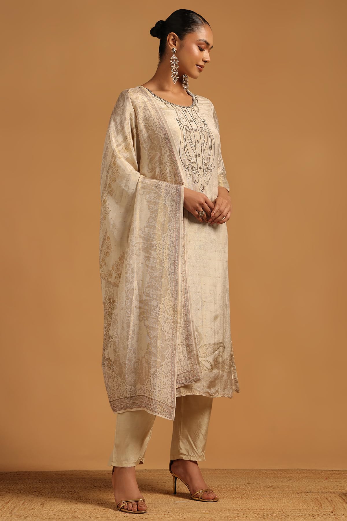 Soch Womens Beige Russian Silk Botanical Salwar Suit With Beads And Stones