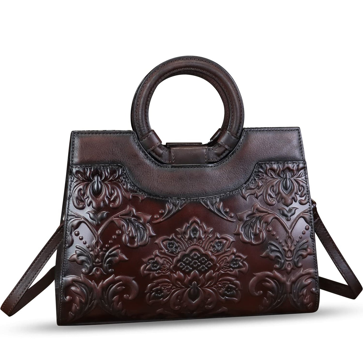 Genuine Leather Satchel for Women Purse Embossed Leather Top Handle Handbag Handmade Purse Crossbody Handbags Tote Bag, Coffee